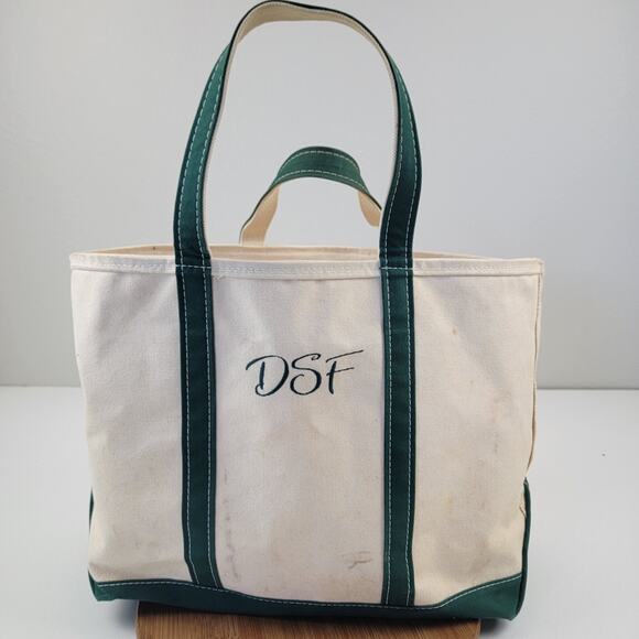 Vintage L.L. Bean Boat And Tote Bag XL Extra Large Canvas White & Green Top Zip - Picture 1 of 14